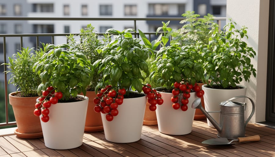Close-up of hands harvesting fresh basil leaves and cherry tomatoes from container garden