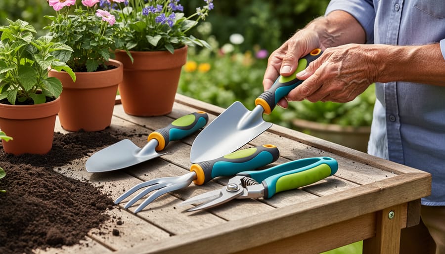 Collection of adaptive gardening tools with ergonomic handles and extended grips on wooden surface