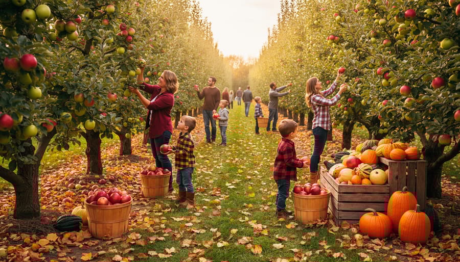 Apple orchard with ripe fruit on trees and wooden picking baskets during fall harvest season