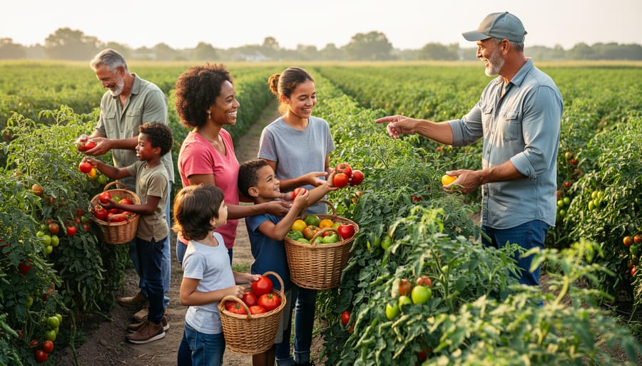 Family with children picking strawberries together in U-Pick farm field