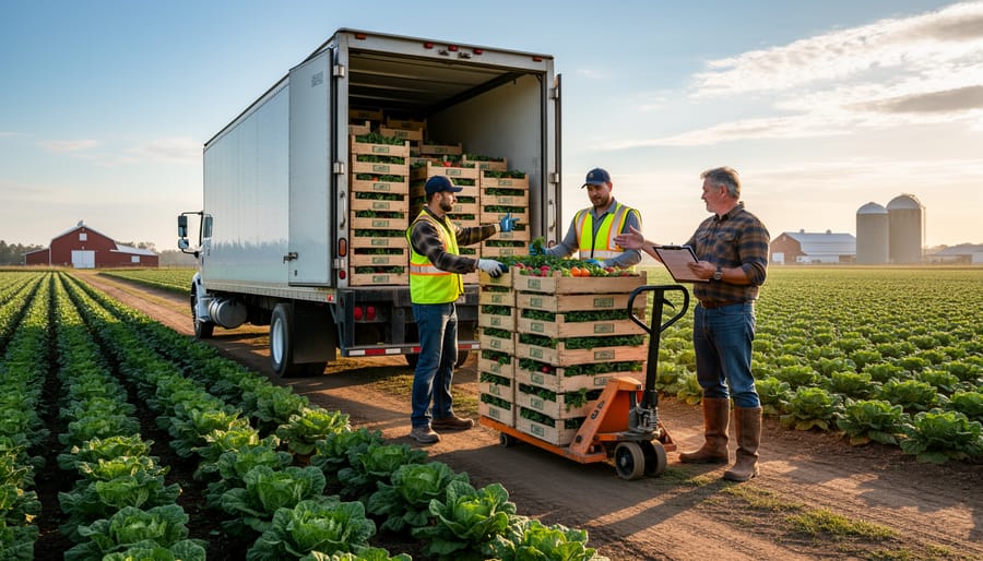 Farmer and truck driver loading fresh produce crates into refrigerated delivery truck