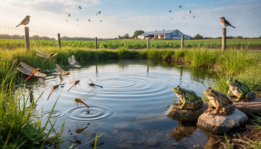 Small farm pond with vegetation and dragonflies showing wildlife habitat creation
