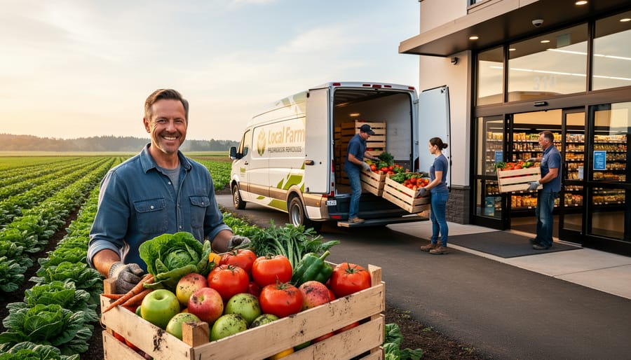 Farmer and grocery store worker transferring fresh produce in wooden crates at store loading dock