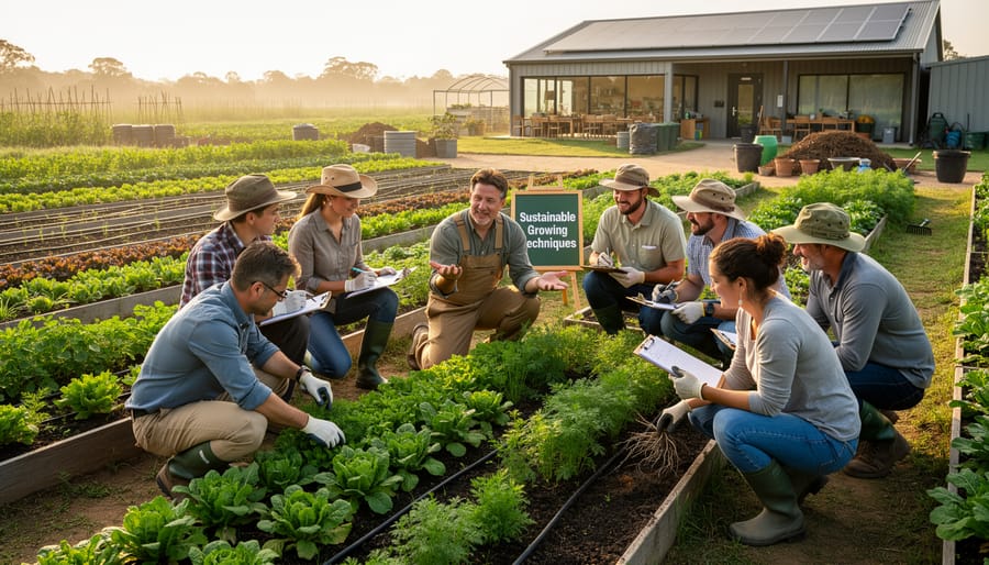 Agricultural trainees working together in vegetable field learning farming techniques