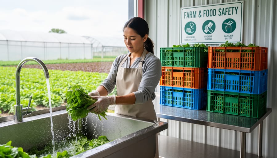 Farmer washing fresh leafy greens under running water in commercial sink