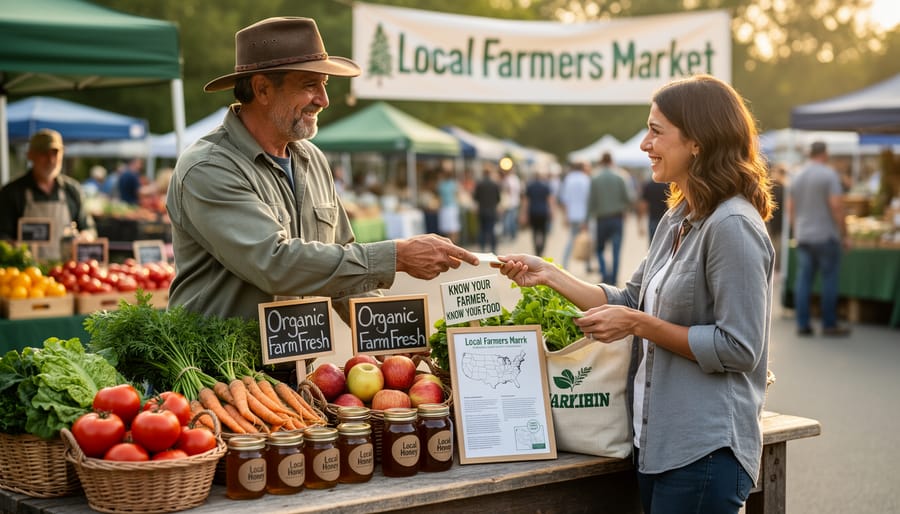 Farmer and customer conversing at farmers market produce stand