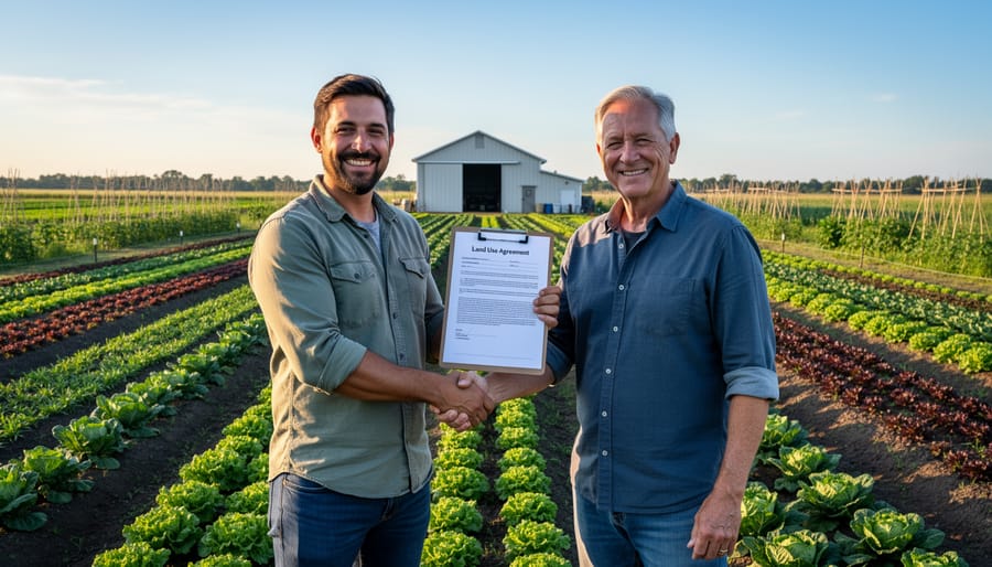 Two farmers shaking hands in agreement in front of barn and farmland