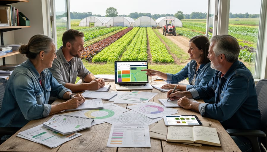 Farmer planning crop production while examining seedlings in garden rows