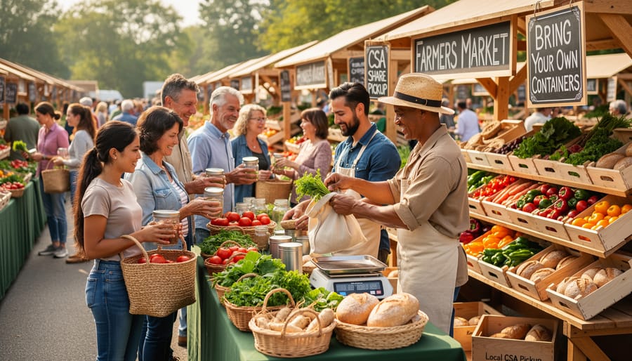 Customer filling reusable glass jar with bulk grains at farmers market stand