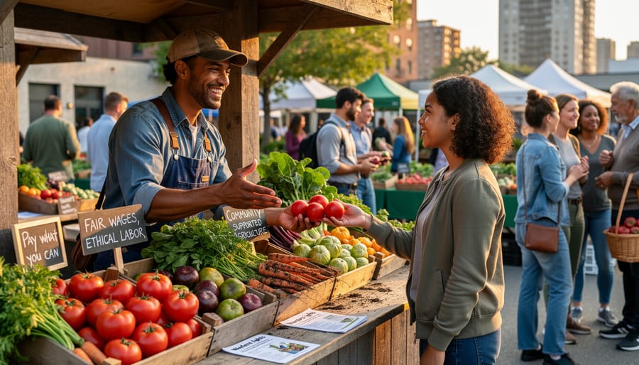 Consumer and farmer exchanging fresh vegetables at farmers market