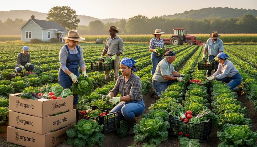 Farmworkers harvesting fresh produce in an organic field during golden hour