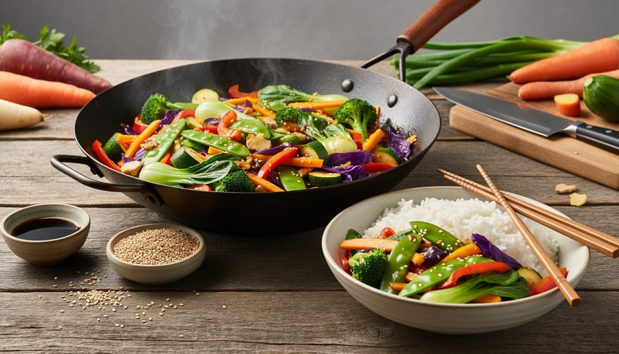 Chef tossing colorful mixed vegetables in wok during cooking