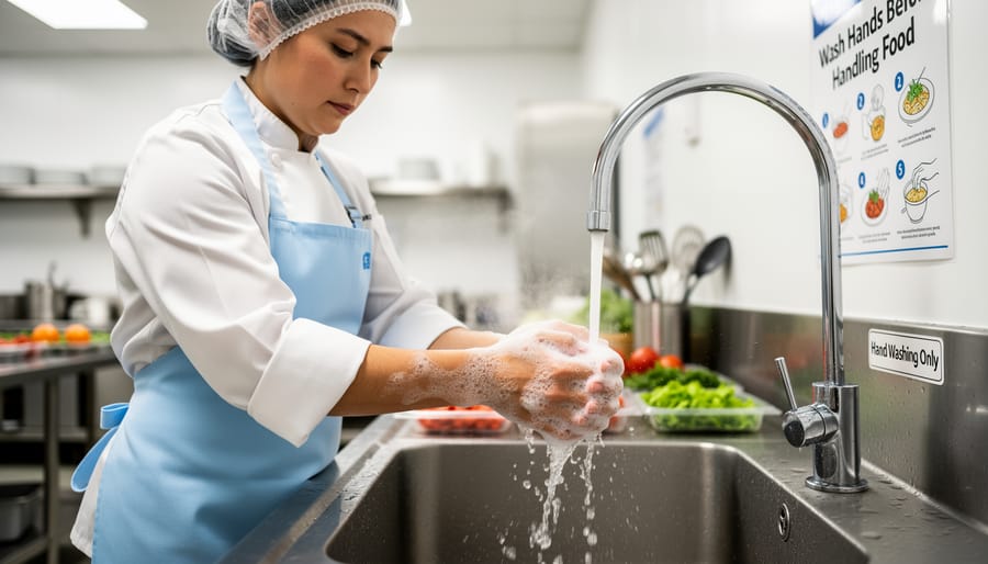 Close-up of hands in nitrile gloves being washed with soap and water