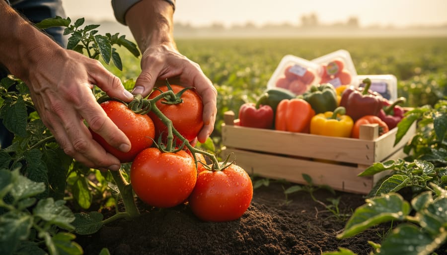 Close-up of freshly harvested tomatoes and peppers held in gardener's soil-covered hands