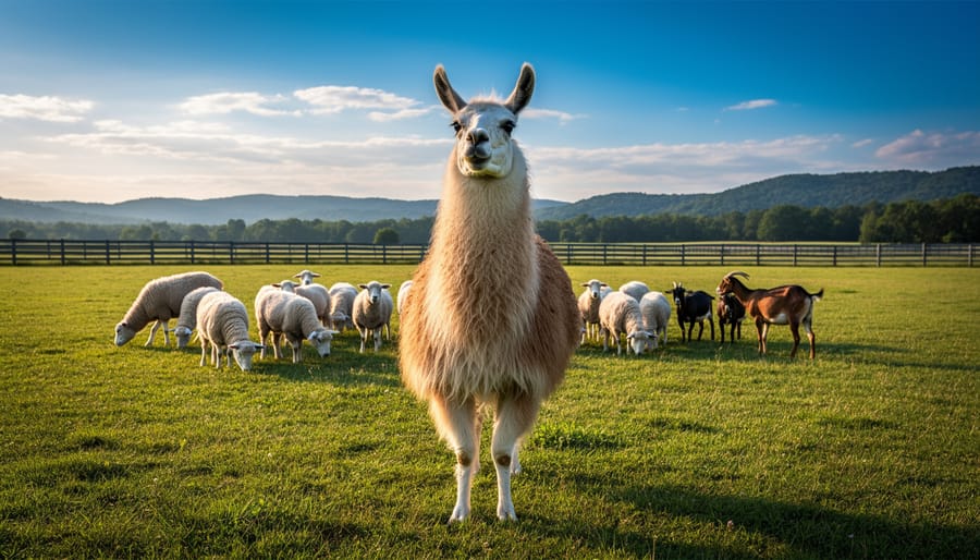 Brown guard llama standing watch over goats in farm pasture