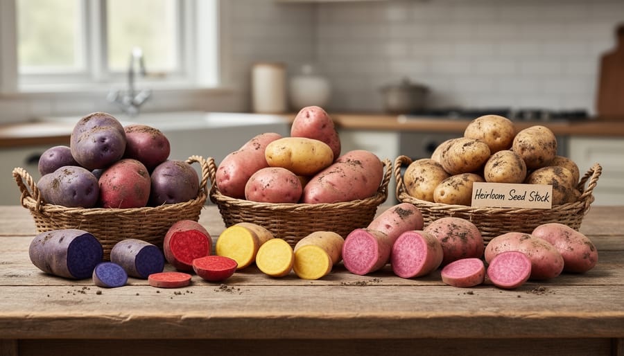Multiple wooden crates displaying diverse heirloom potato varieties in various colors