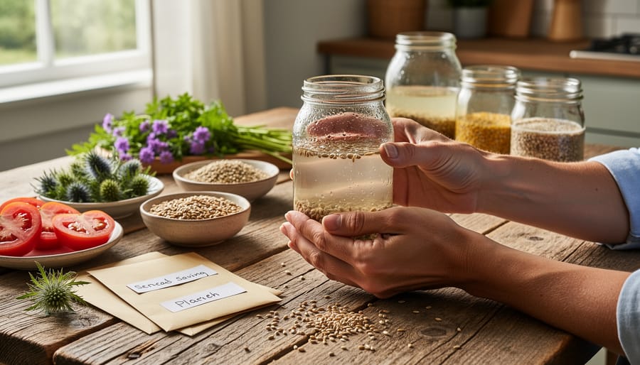 Hands demonstrating seed fermentation process in glass jar with tomato seeds
