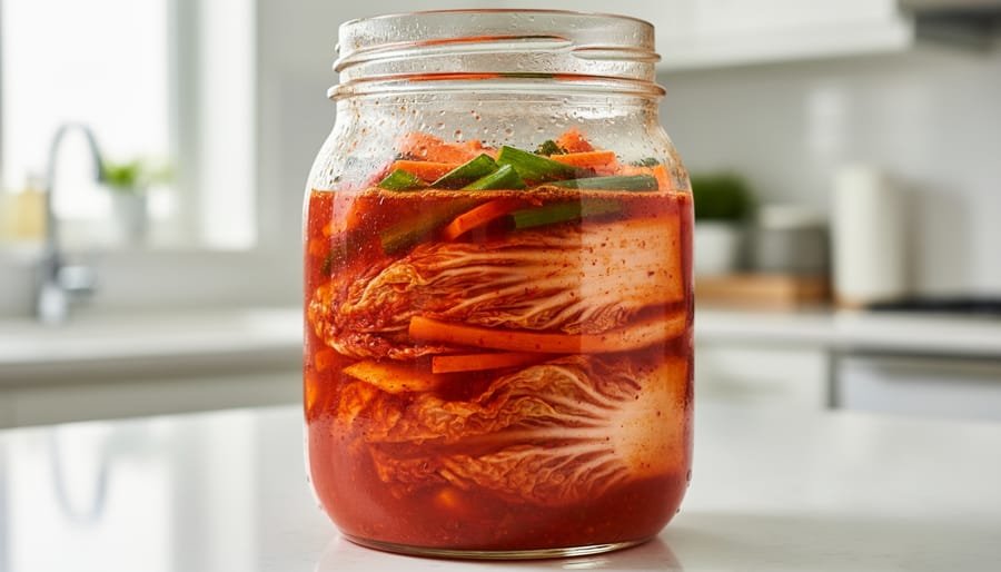 Glass jar of fermenting kimchi with visible layers of cabbage and fermentation bubbles