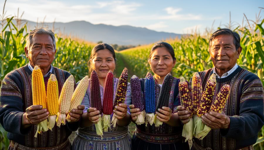 Hands holding multiple colorful heirloom corn cobs showing genetic diversity