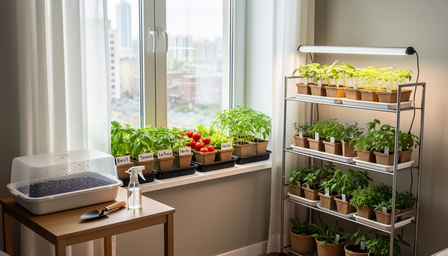 Hands planting seeds in containers on apartment windowsill with grow lights