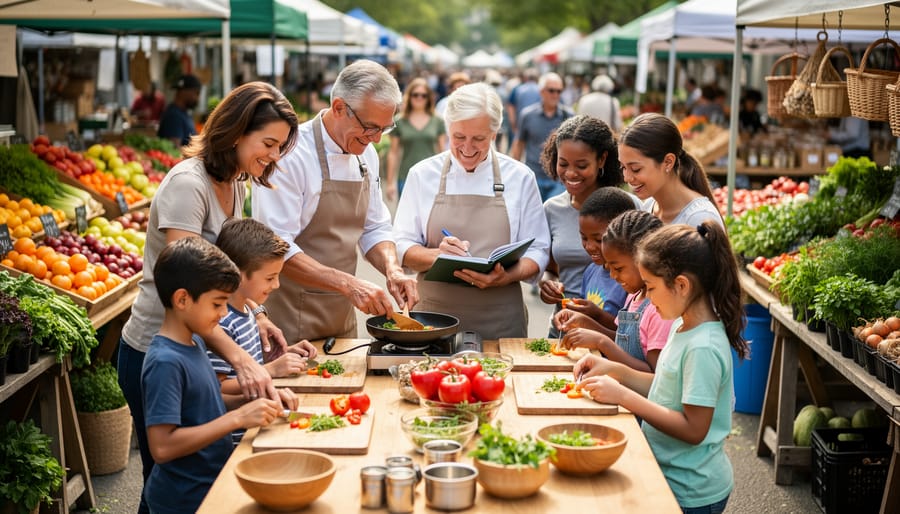 Multigenerational group attending cooking demonstration at outdoor farmers market