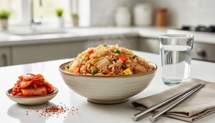 Bowl of kimchi fried rice with fried egg photographed from above