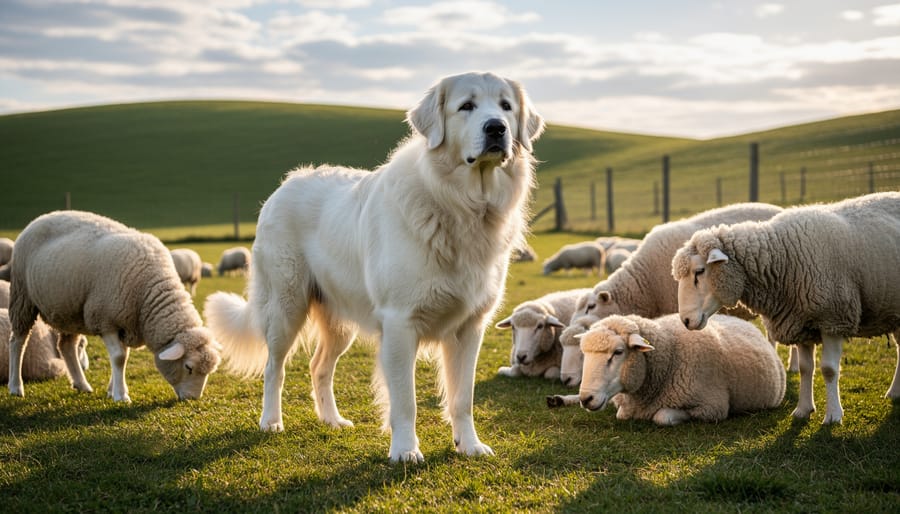 White Great Pyrenees guardian dog standing protectively among sheep in pasture
