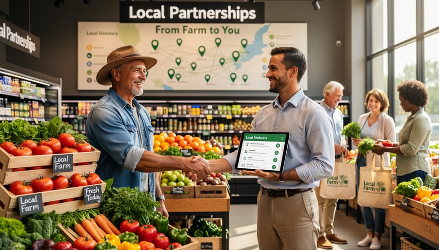Group of local farmers and grocery store managers collaborating at produce delivery truck