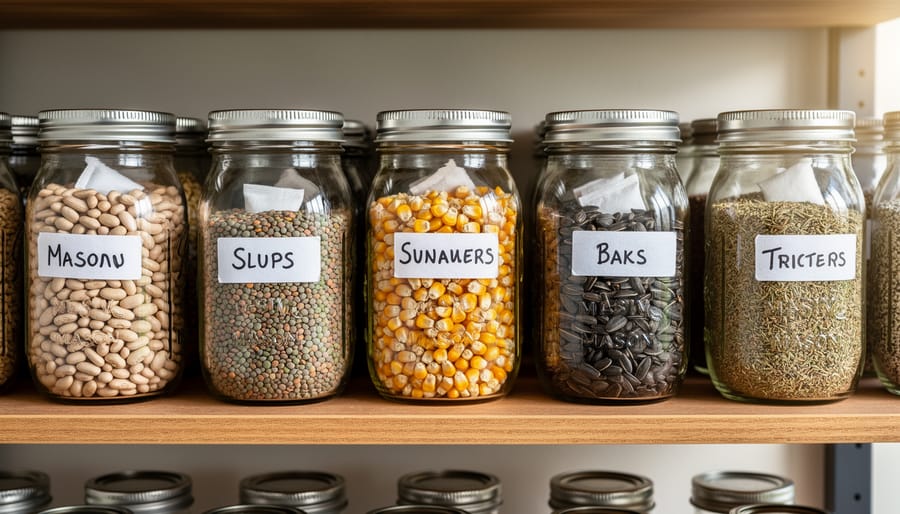 Organized mason jar seed storage system with labels on wooden shelving