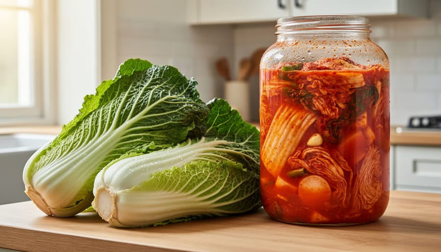 Farmer holding freshly harvested organic napa cabbage in vegetable field