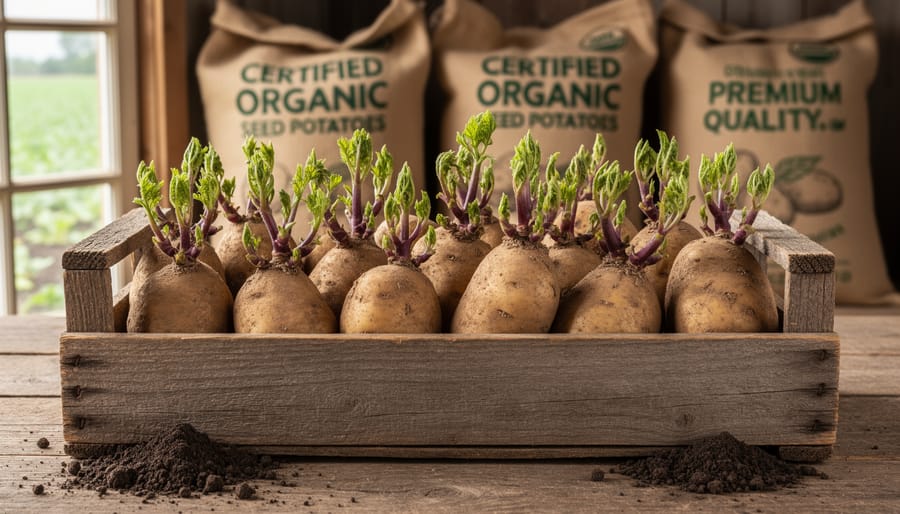 Organic seed potatoes with visible sprouts on wooden surface