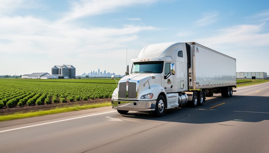 White refrigerated semi-truck driving on highway through agricultural farmland