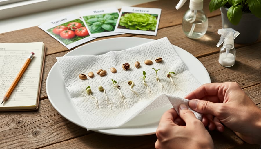 Overhead view of hands conducting paper towel seed germination test