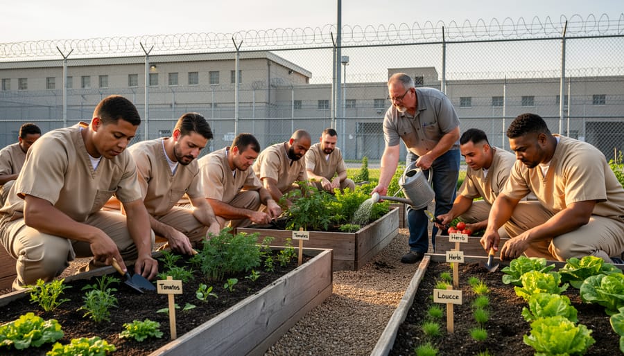 Inmates working together in prison garden with raised vegetable beds