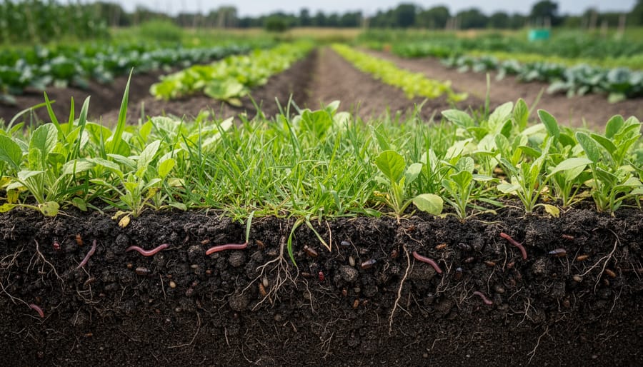 Close-up of farmer's hands holding dark, rich soil with visible earthworms and organic matter