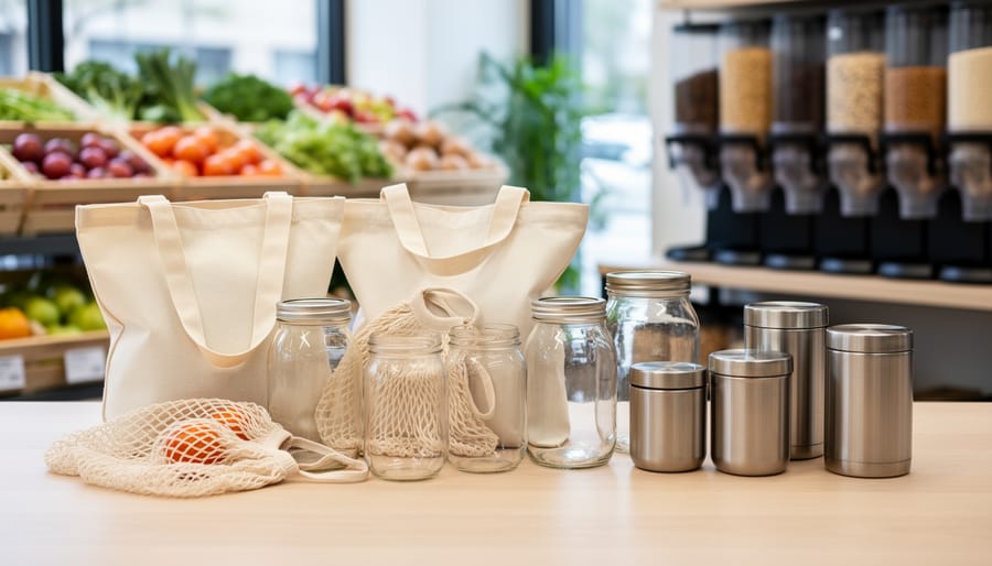 Collection of reusable mesh produce bags and cotton totes filled with fresh vegetables on kitchen counter