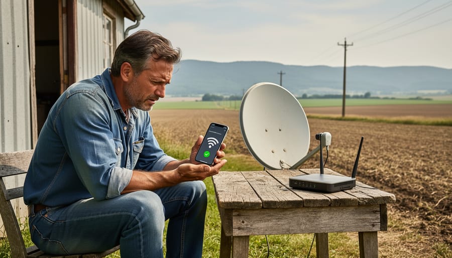 Farmer in field holding smartphone showing rural connectivity challenges