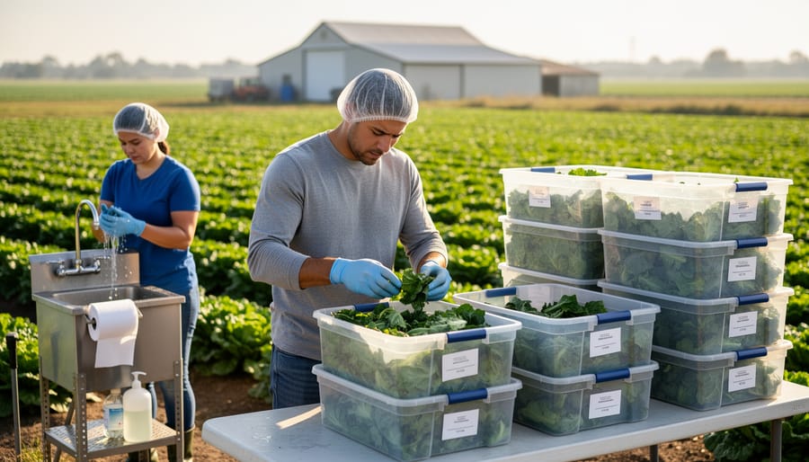 Farmer harvesting vegetables into clean crates in field setting
