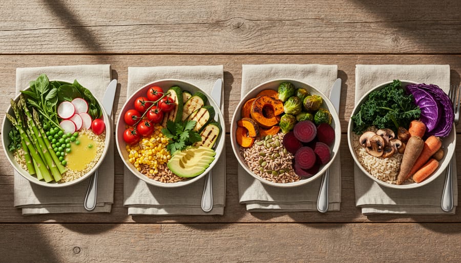 Four grain bowls arranged on wooden table showing seasonal variations with spring, summer, fall, and winter vegetables