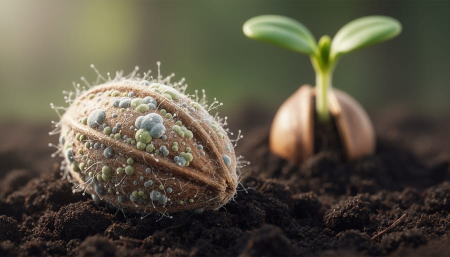 Extreme close-up of seeds showing surface texture and microbial coating
