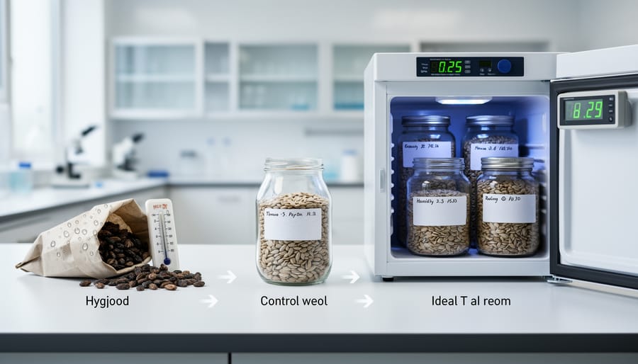 Mason jars containing seeds showing effects of different storage conditions