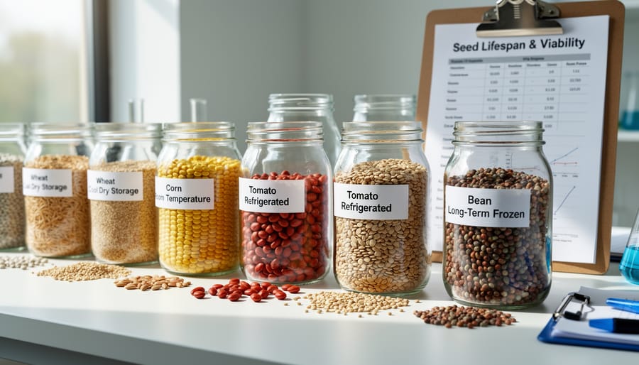 Close-up of various vegetable seeds on wooden surface showing different conditions