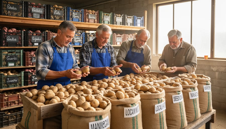 Farmer's hands selecting quality seed potatoes from harvest