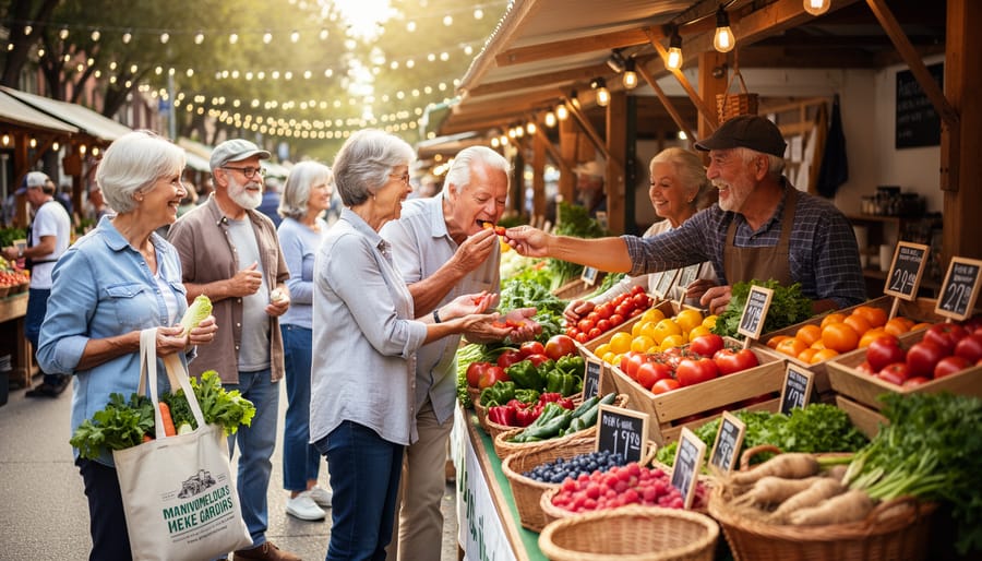 Elderly woman examining fresh tomatoes at farmers market stand