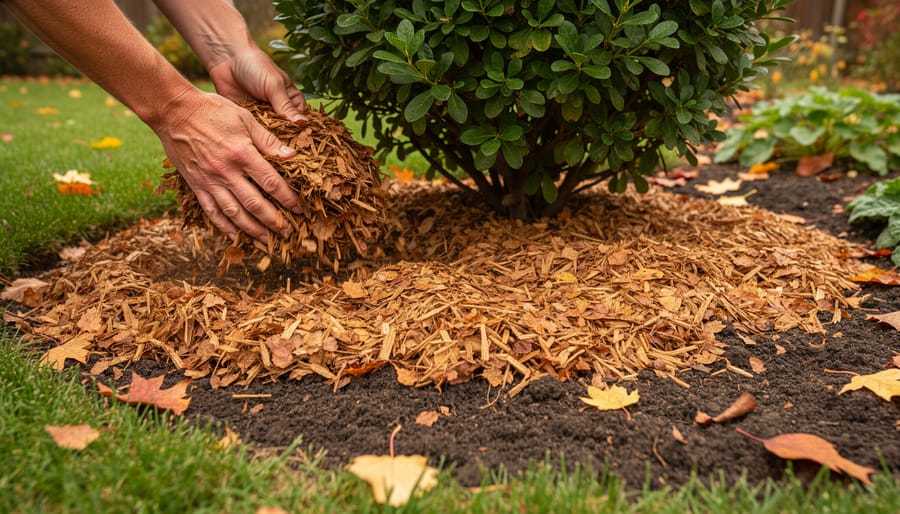 Gardener applying shredded leaf mulch around perennial plants