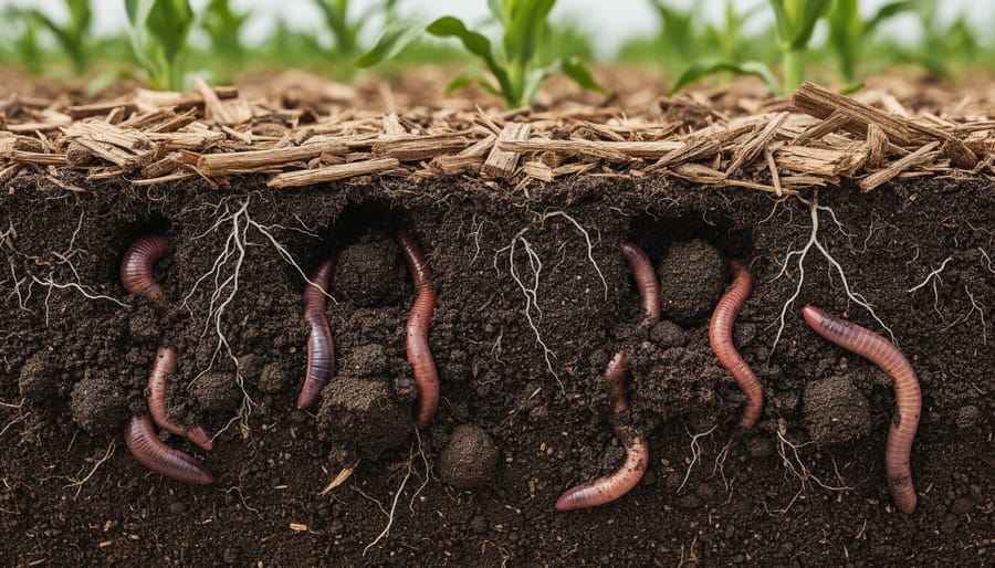Close-up of rich dark soil with visible earthworms held in hands showing soil biodiversity