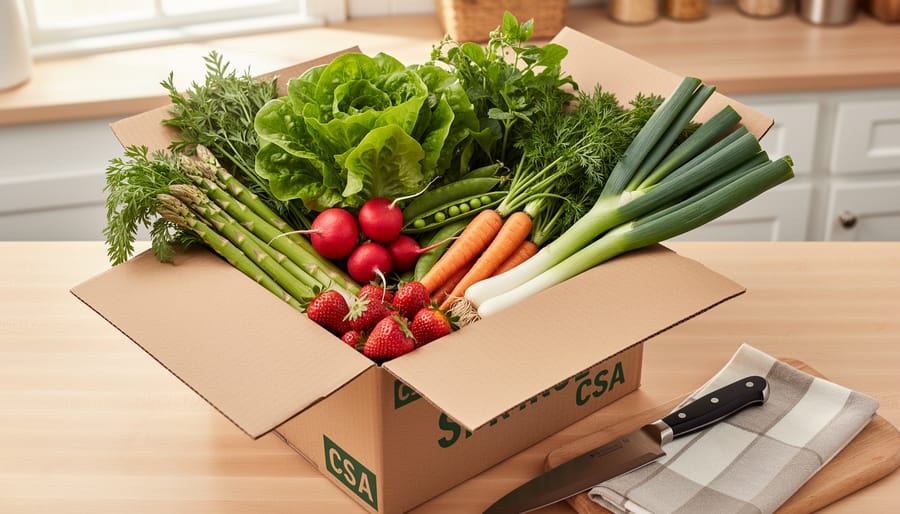 Overhead view of wooden CSA box filled with fresh seasonal vegetables including greens, radishes, and herbs