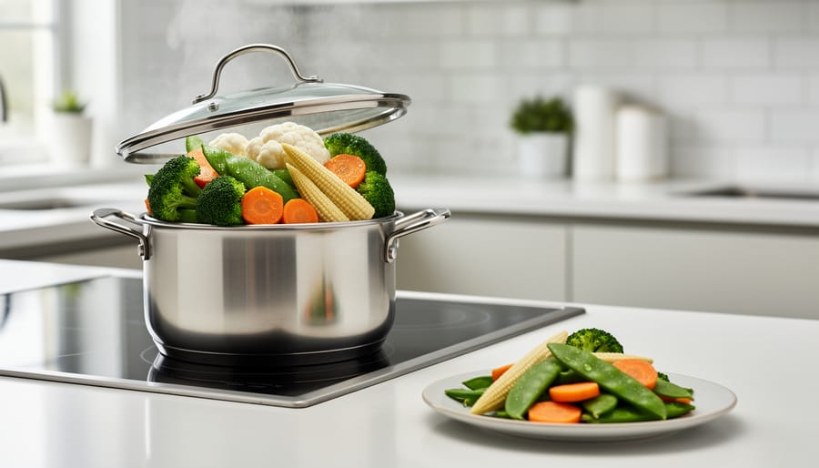 Hands holding bamboo steamer basket with colorful fresh vegetables and rising steam