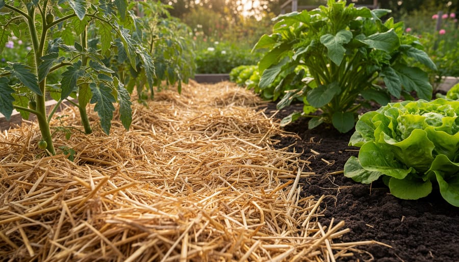Golden straw mulch applied between vegetable garden rows with young seedlings