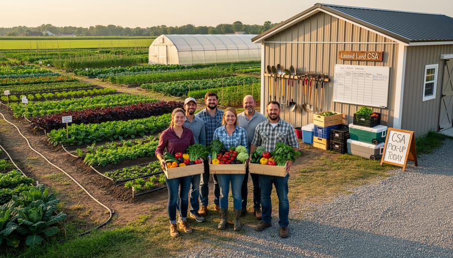 Farmer couple standing in vegetable field holding baskets of fresh harvested produce